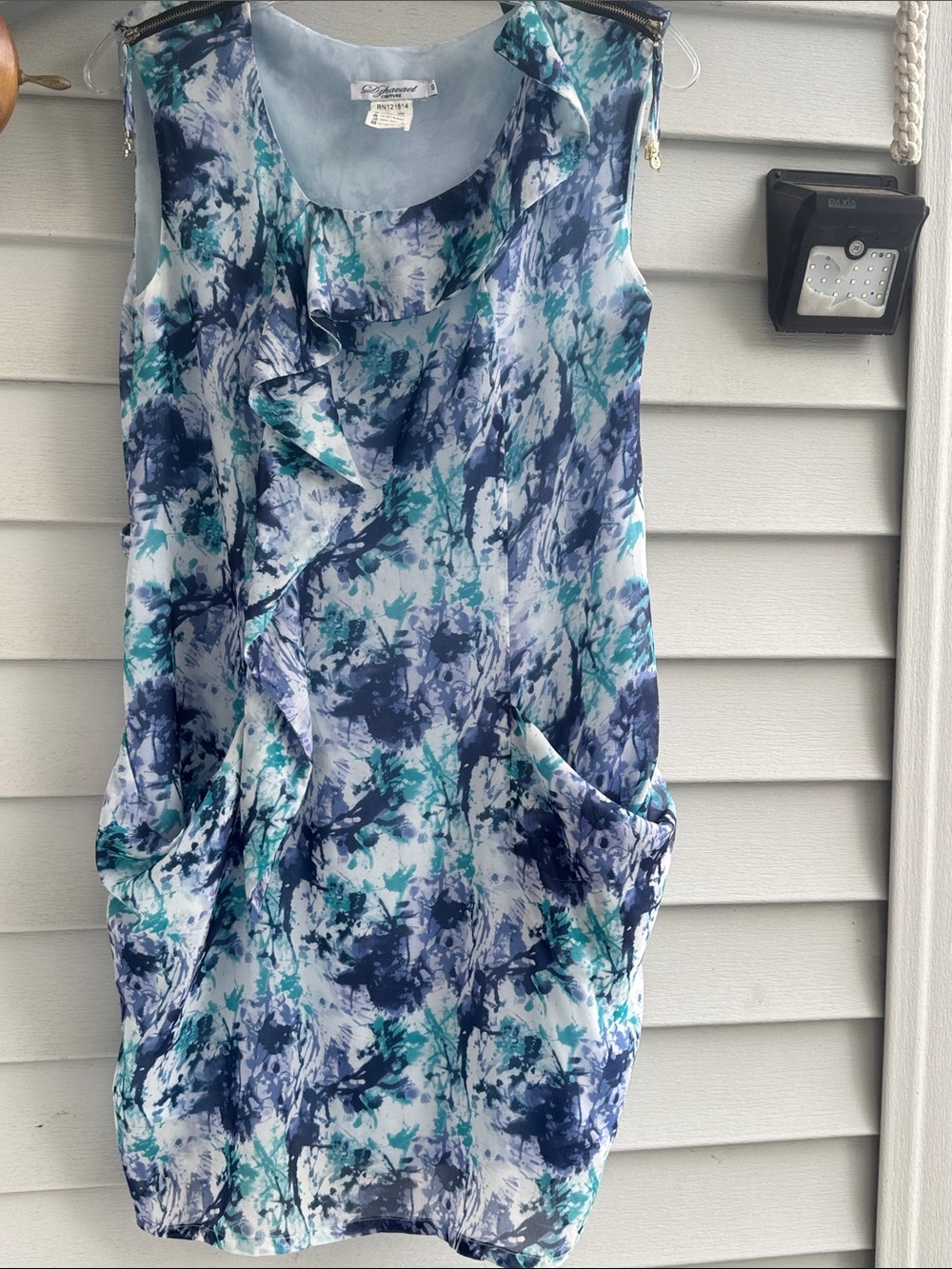 Dzhavael Couture Silk/Cotton Sleeveless Ruffle Shift Dress in Blue Floral